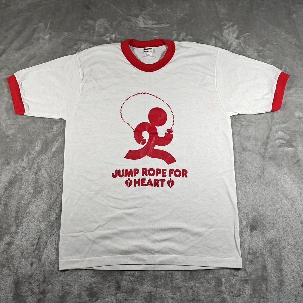 Vintage Jump Rope For Heart Ringer Shirt Mens Large White Red Sport Gym 80s USA